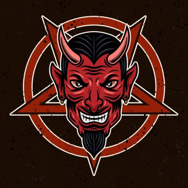 Şeytan başı ve pentagram vektör çizimi koyu arkaplanda renkli bir şekilde