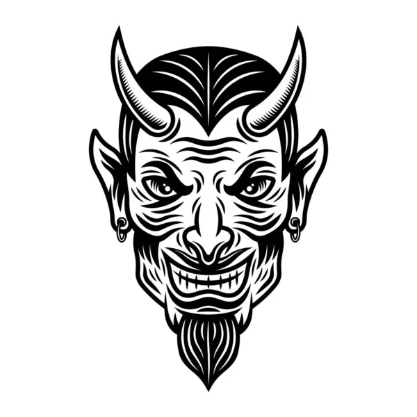 Diabo ou lucifer cabeça vetor monocromático ilustração no estilo vintage isolado no fundo branco — Vetor de Stock
