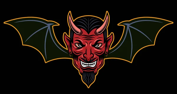 Devil κεφάλι με φτερά νυχτερίδας διανυσματική απεικόνιση σε χρωματιστό στυλ κινουμένων σχεδίων που απομονώνονται σε σκούρο φόντο — Διανυσματικό Αρχείο