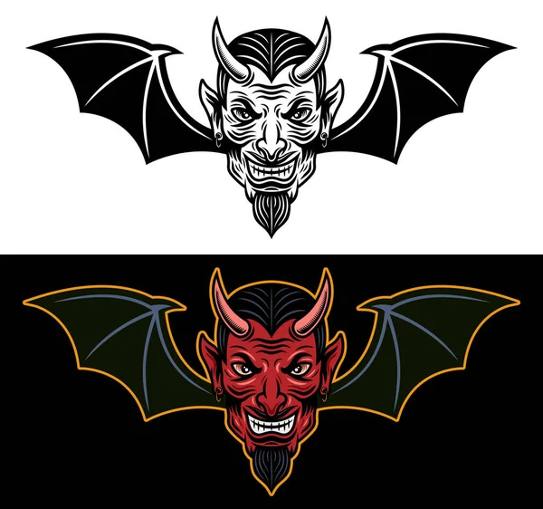 Diabo cabeça com asas de morcego dois estilos preto no branco e colorido no fundo escuro vetor ilustração — Vetor de Stock