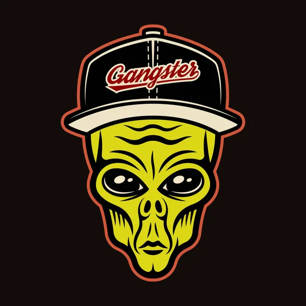 Alien head in baseball cap character colorful vector illustration in cartoon style isolated on dark background — Archivo Imágenes Vectoriales