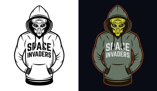 Alien in hoodie two styles black on white and colorful on dark background vector illustration