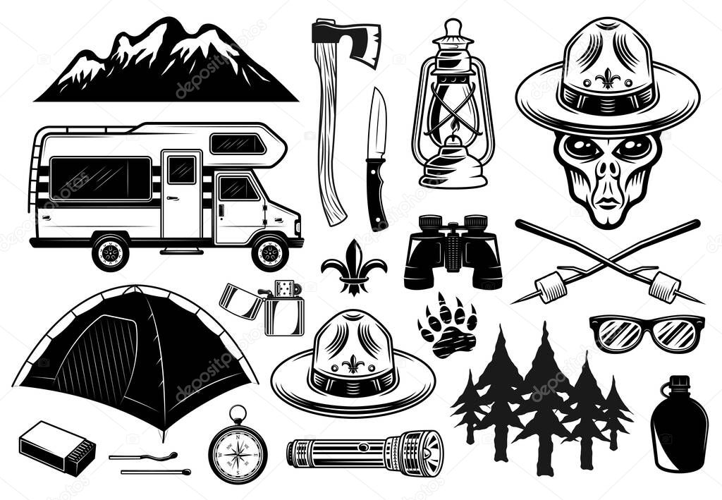Alien boy scout and camping set of outdoor adventure vector objects in vintage monochrome isolated on white background