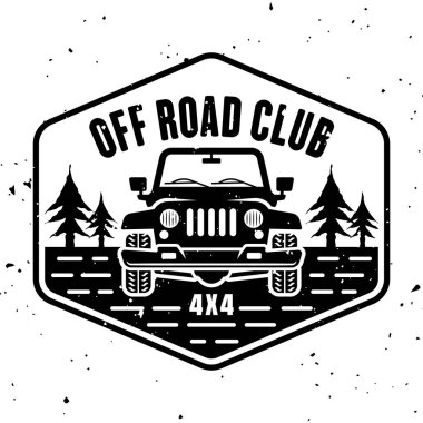 Off-road kulüp vektörü monokrom vintage amblemi beyaz arkaplan üzerinde izole SUV araba ön görünümü ile kaldırılabilir dokular