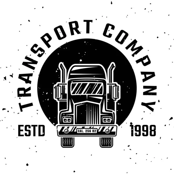Přepravní nákladní společnost vektor monochromatický znak, odznak, štítek nebo logo s nákladním vozidlem izolované na bílém pozadí s odnímatelnými texturami — Stockový vektor