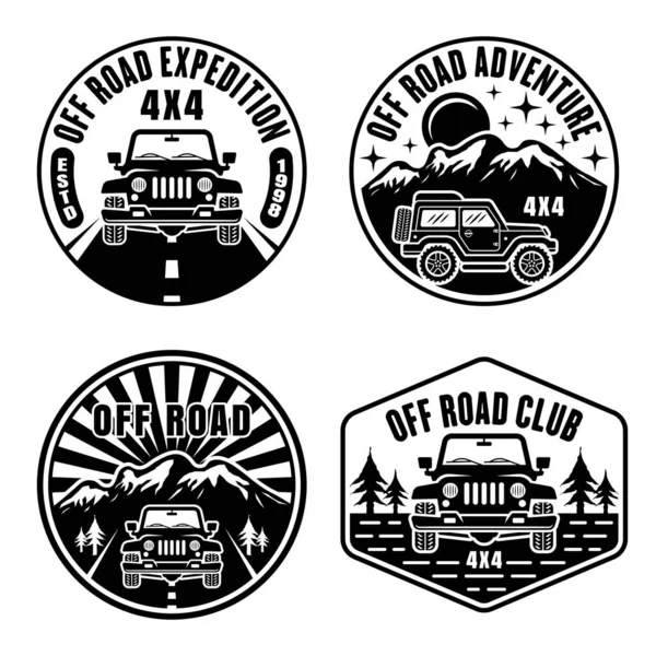 Offroad och SUV bil uppsättning vektor emblem, märken, etiketter eller logotyper i vintage monokrom stil isolerad på vit bakgrund — Stock vektor