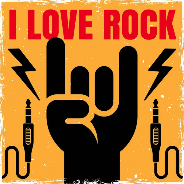 Rock hand gesture bright colored square banner with text i love rock and two audio jacks — Stock Vector