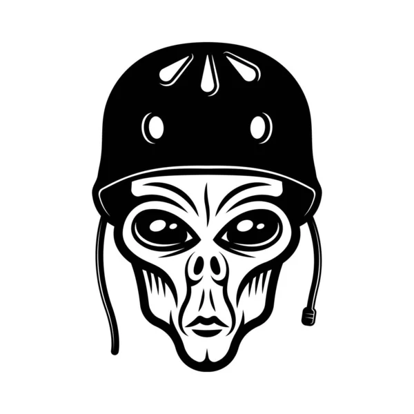 Cabeza alienígena en casco protector para skate vector ilustración en estilo monocromo vintage aislado sobre fondo blanco — Archivo Imágenes Vectoriales