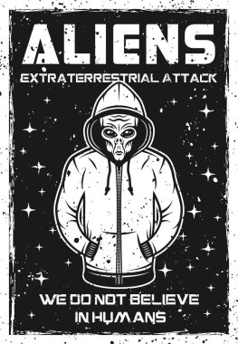 Siyah-beyaz klasik tarzda kapüşonlu vektör posterli bir uzaylı. Grunge desenleri ve başlık metni ayrı katmanlarda