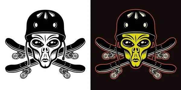 Cabeza alienígena en casco y dos skateboards cruzados vector ilustración en dos estilos negro sobre blanco y colorido sobre fondo oscuro — Archivo Imágenes Vectoriales