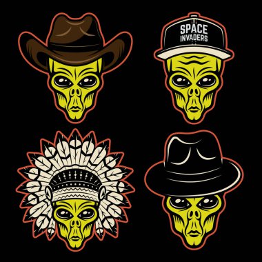 Farklı başlıklardaki uzaylı başlıkları vektör renkli nesneler veya koyu arkaplan üzerindeki tasarım elementleri