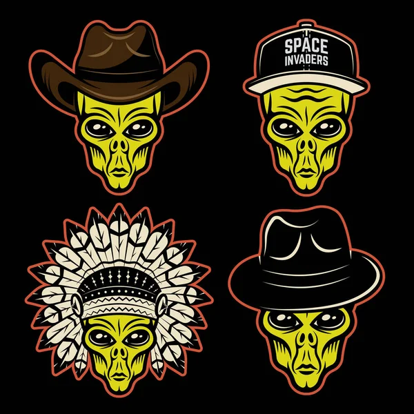 Farklı başlıklardaki uzaylı başlıkları vektör renkli nesneler veya koyu arkaplan üzerindeki tasarım elementleri