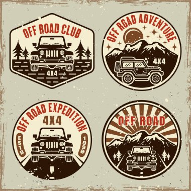 Off road club set of four colored emblems vector illustration in retro style with removable grunge textures on separate layer clipart