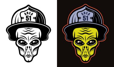 İtfaiyeci miğferi takmış uzaylı kafası. Beyaz üstüne siyah ve koyu renk arka plan çizimi.