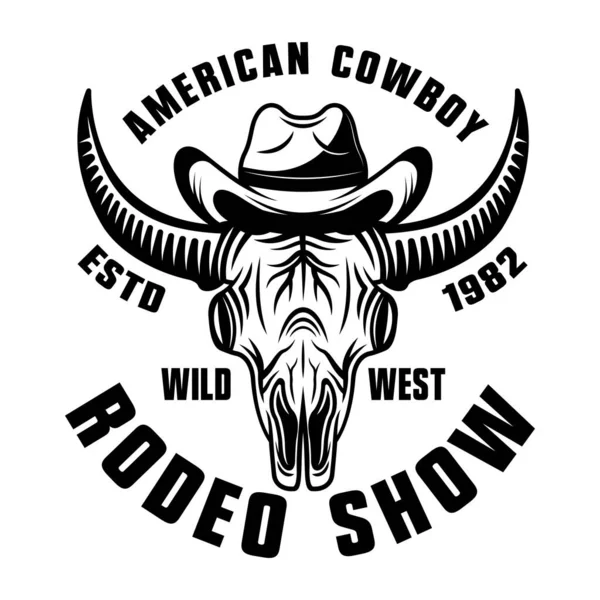 Buffalo schedel in cowboy hoed vector monochrome embleem, badge, label, logo of kleding ontwerp voor rodeo show geïsoleerd op witte achtergrond — Stockvector