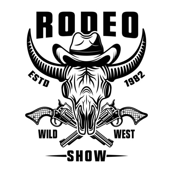 Череп буйвола в ковбойской шляпе и скрещенные пушки векторная монохромная эмблема, значок, этикетка, логотип или дизайн одежды для родео шоу изолированы на белом фоне