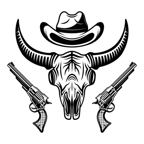 Cráneo de búfalo, sombrero de vaquero y dos pistolas vector negro ilustración aislada sobre fondo blanco — Vector de stock