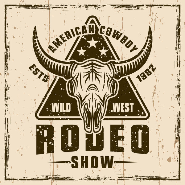 На родео ковбоя изображена цветная векторная эмблема или отпечаток футболки с черепом буйвола. Иллюстрация на фоне с гранж-текстурами и векторной иллюстрацией кадра
