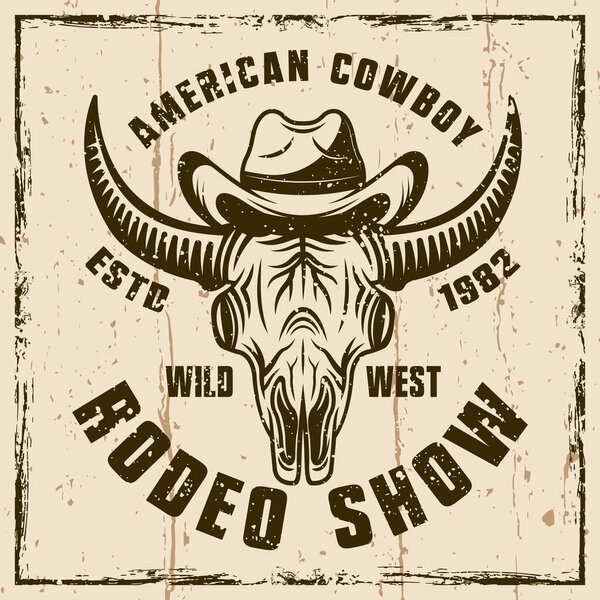 Череп буйвола в ковбойской шляпе цвета векторной эмблемы или отпечаток футболки для родео-шоу. Иллюстрация на фоне с гранж-текстурами и векторной иллюстрацией кадра