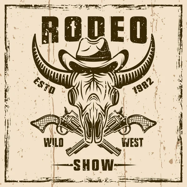 Büffelschädel mit Cowboyhut und überkreuzten Waffen, farbiges Vektor-Emblem oder T-Shirt-Print für Rodeo-Shows. Illustration auf Hintergrund mit Grunge-Texturen und Frame-Vektor-Illustration — Stockvektor