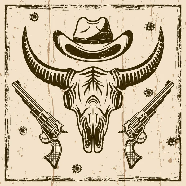 Cráneo de búfalo, sombrero de vaquero y dos pistolas vector ilustración sobre fondo con texturas grunge — Vector de stock