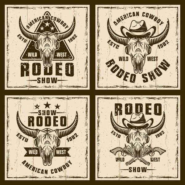 Rodeo show sada čtyř vektorů divoký západ styl vektorové ilustrace ve stylu vintage na pozadí s odnímatelnými grunge textury — Stockový vektor