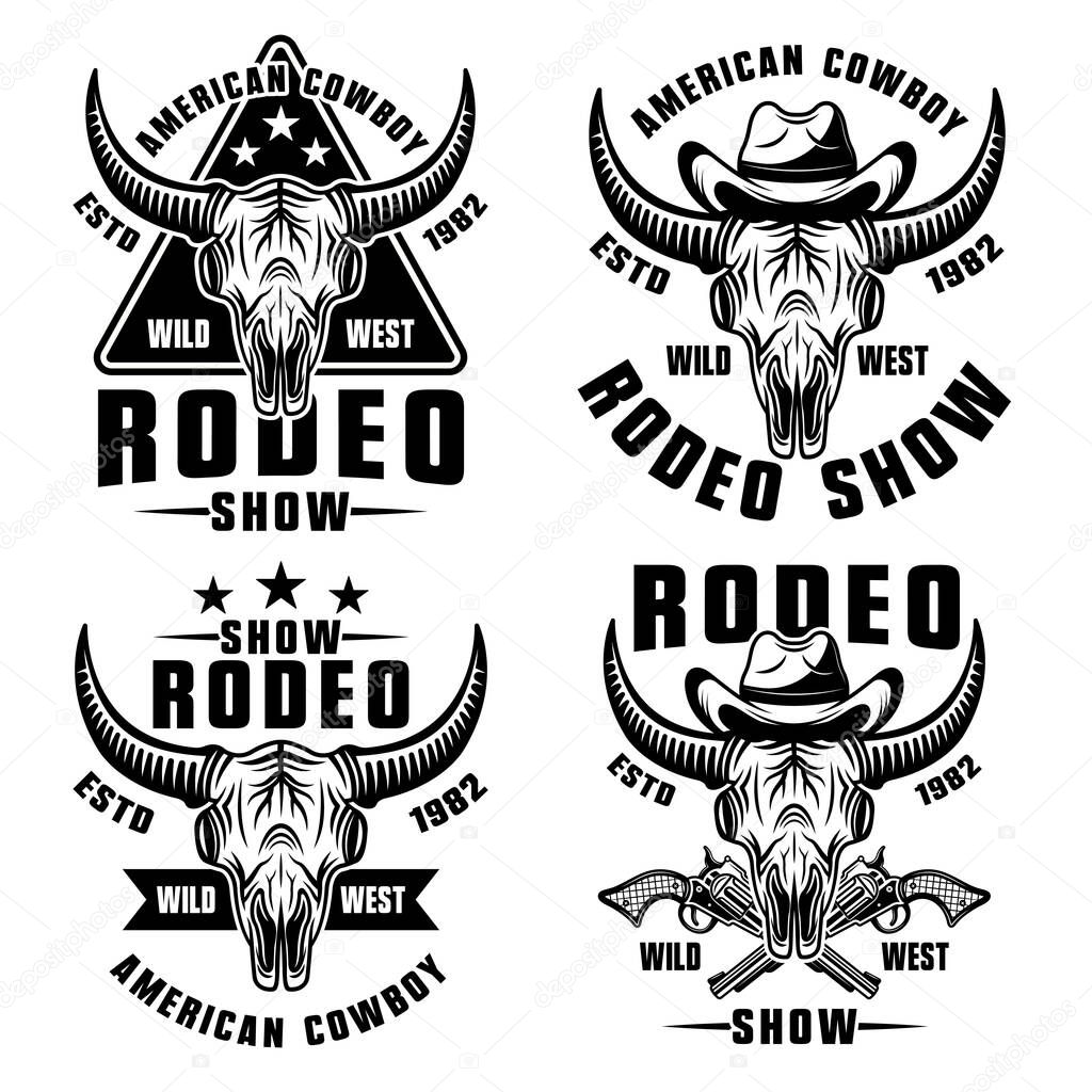 Rodeo show set of four vector wild west style vector illustration in vintage monochrome style isolated on white