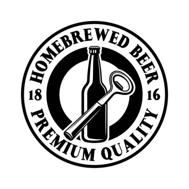 Bira ve açıcı vektör yuvarlak amblemi, etiketi, rozeti veya logosu beyaz arkaplanda izole edilmiş tek renkli vintage tarzında