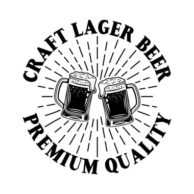 İki bira bardağı ve vatoz vektör amblemi, etiket, rozet veya beyaz arkaplanda izole edilmiş tek renkli vintage tarzı logo