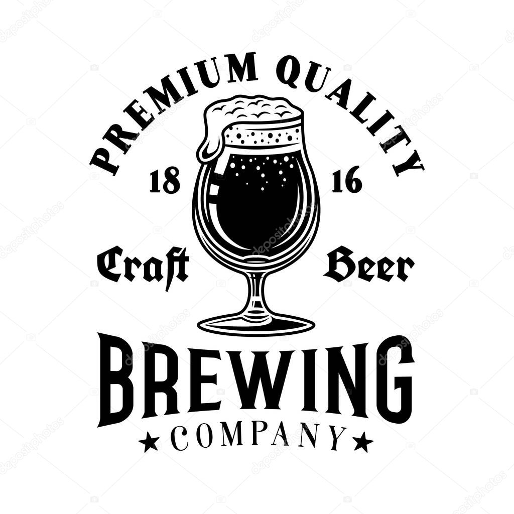 Beer vector emblem, label, badge or logo in monochrome vintage style with glass isolated on white background