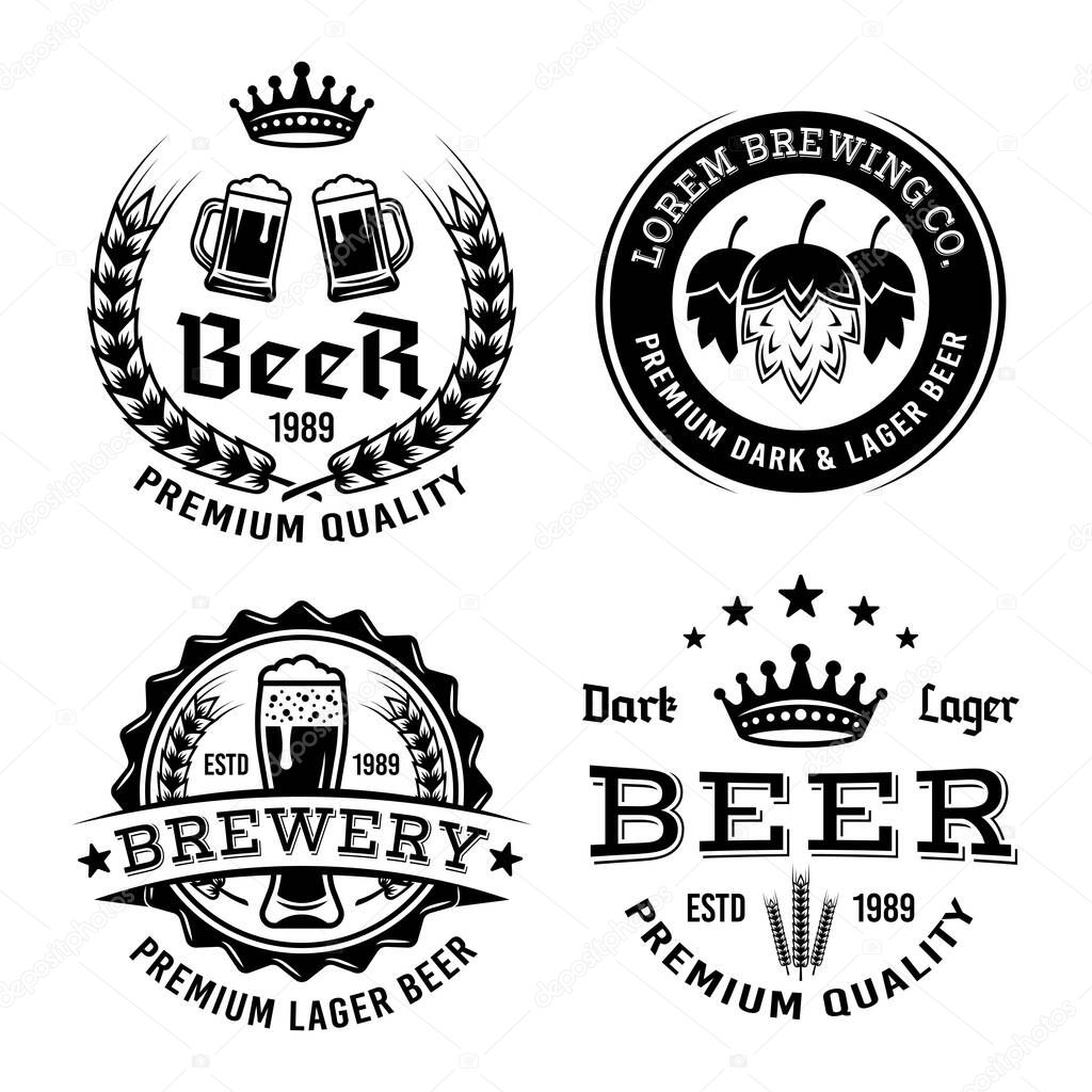 Beer and brewing set of vector monochrome emblems, labels, badges or logos isolated on white background