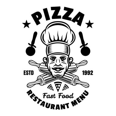 Şefle birlikte Pizzeria vektör amblemi, rozet, etiket veya logo ve beyaz üzerine izole edilmiş klasik monokrom tarzında çaprazlanmış merdaneler.