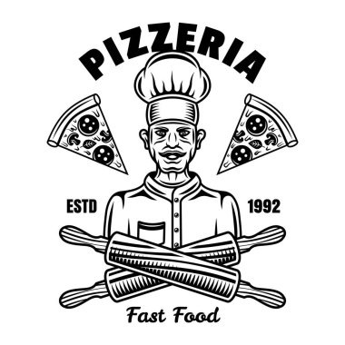 Pizzacı şefi vektör amblemi, rozet, etiket veya logo klasik monokrom tarzı beyaza izole edilmiş.