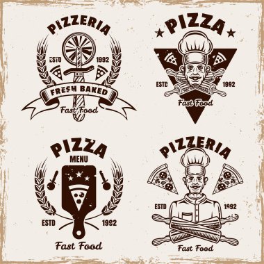Pizzalar, vektör amblemleri, rozetler, etiketler veya logolar arka planda çıkarılabilir grunge dokuları ile klasik tarzda