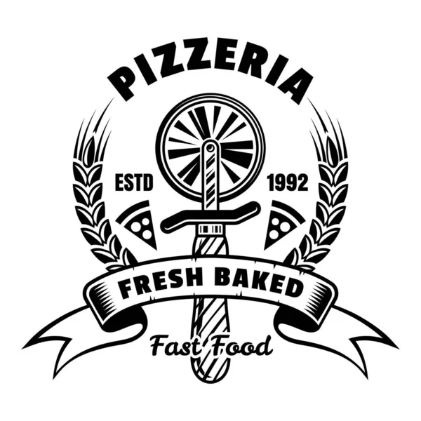 Pizzeria διάνυσμα έμβλημα, σήμα, ετικέτα ή λογότυπο σε vintage μονόχρωμο στυλ που απομονώνονται σε λευκό. Πρότυπο λογότυπου ταχείας παράδοσης τροφίμων — Διανυσματικό Αρχείο
