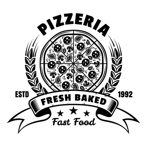Φρέσκια ψημένη πίτσα διάνυσμα έμβλημα, σήμα, ετικέτα ή λογότυπο σε vintage μονόχρωμο στυλ που απομονώνονται σε λευκό — Διανυσματικό Αρχείο
