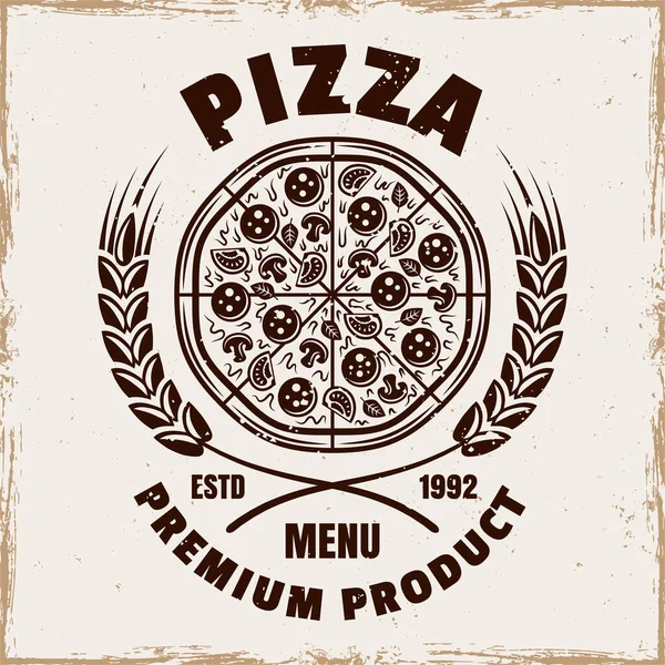 Godło wektora pizzerii, logo, odznaka lub etykieta z okrągłą pizzą w stylu vintage kolorowe izolowane na tle grunge tekstury — Wektor stockowy