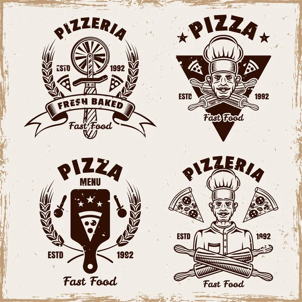 Pizza σετ από vector εμβλήματα, κονκάρδες, ετικέτες ή λογότυπα σε vintage στυλ σε φόντο με αφαιρούμενες υφές grunge — Διανυσματικό Αρχείο