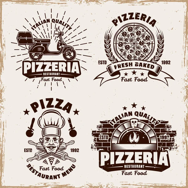Pizzeria σετ από vector εμβλήματα, κονκάρδες, ετικέτες ή λογότυπα σε vintage στυλ σε φόντο με αφαιρούμενες υφές grunge — Διανυσματικό Αρχείο