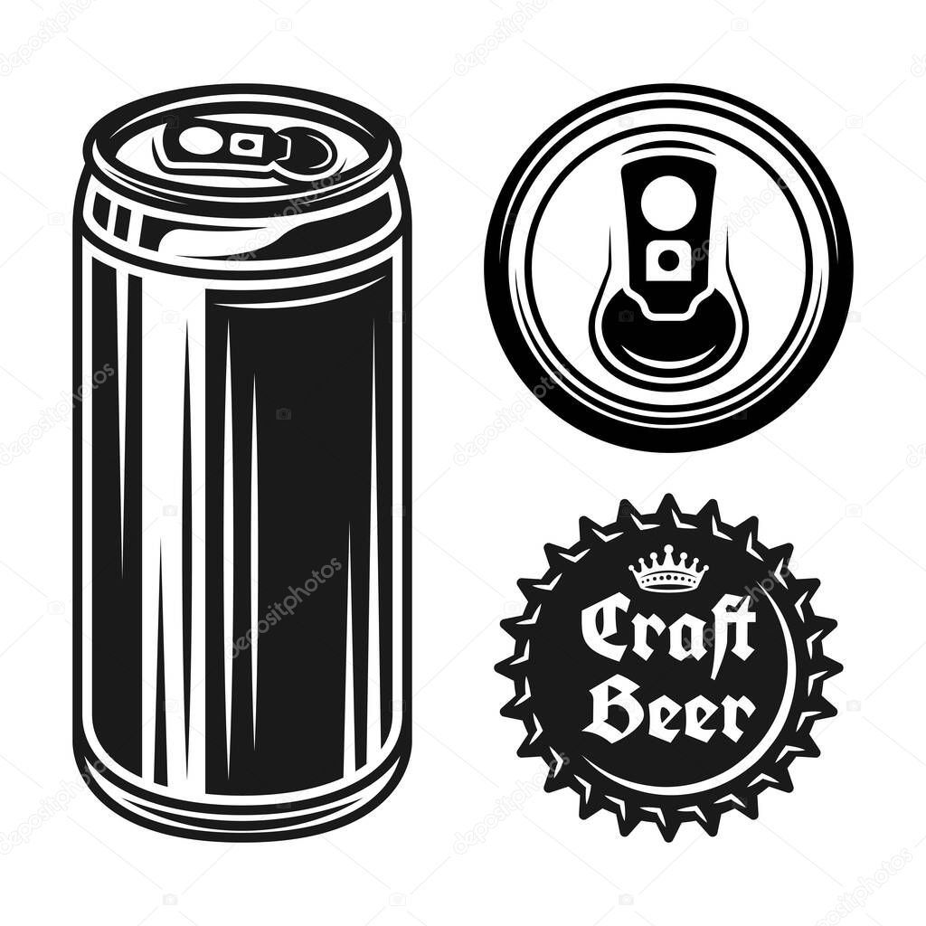 Beer can and cap set of vector objects in monochrome style isolated on white background