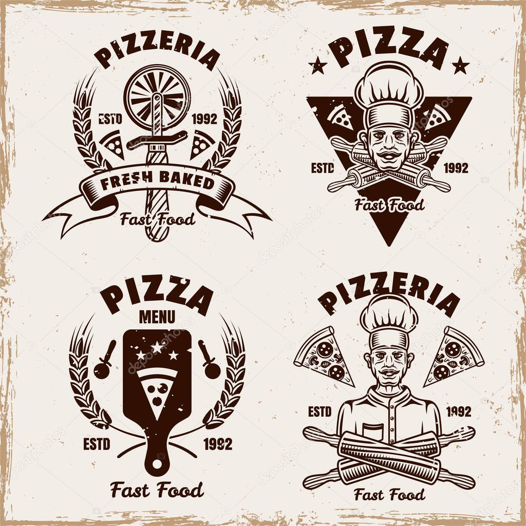 Pizza set of vector emblems, badges, labels or logos in vintage style on background with removable textures