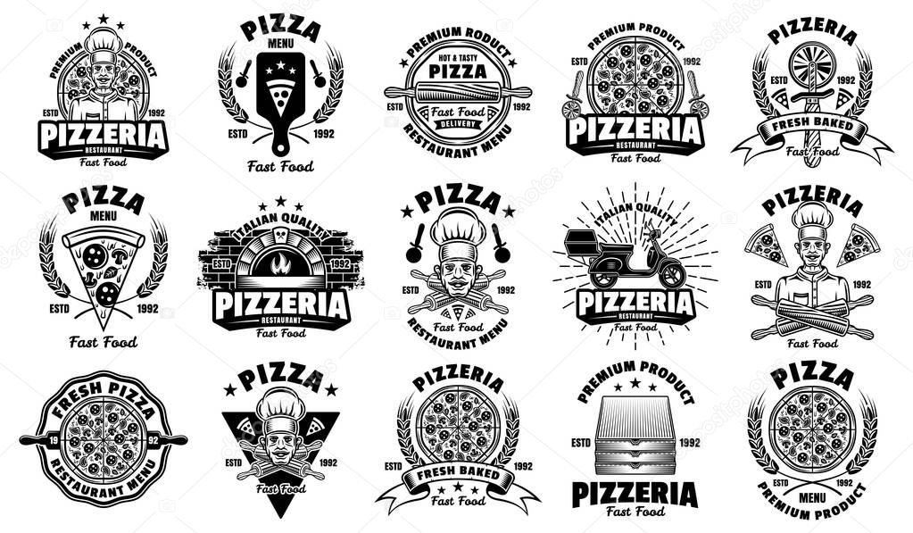 Pizza and pizzeria big set of fifteen vector emblems, badges, labels or logos in vintage monochrome style isolated on white