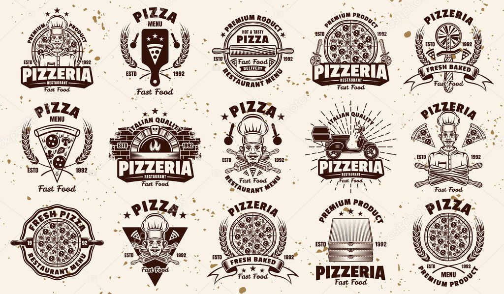 Pizza and pizzeria big set of fifteen vector emblems, badges, labels or logos in vintage style on background with removable grunge textures