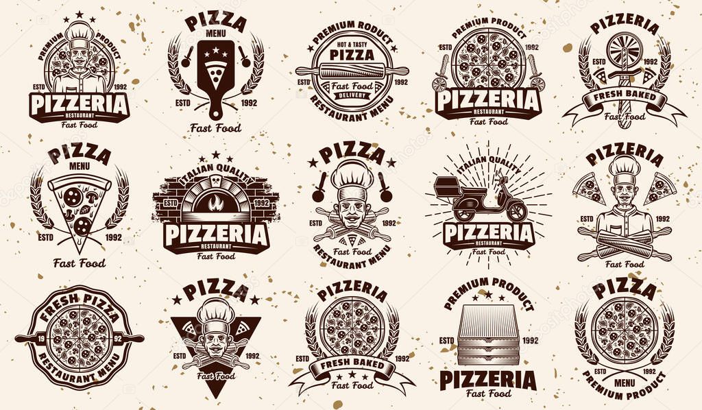 Pizza and pizzeria big set of fifteen vector emblems, badges, labels or logos in vintage style on background with removable textures