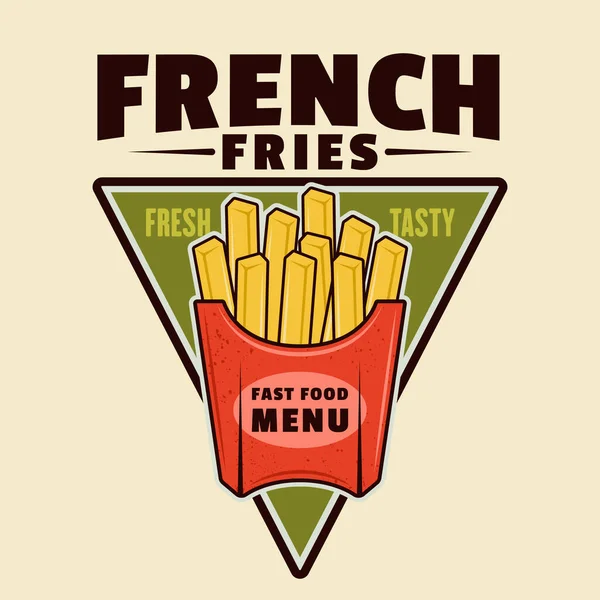 Γαλλικές πατάτες διάνυσμα πολύχρωμο έμβλημα, σήμα, ετικέτα, αυτοκόλλητο ή λογότυπο σε στυλ κινουμένων σχεδίων στο φως φόντο — Διανυσματικό Αρχείο