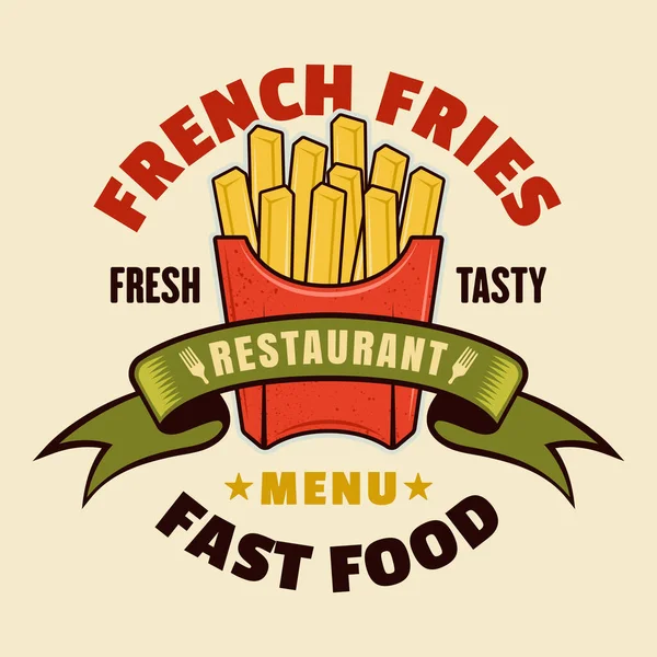 Pommes Fast Food Restaurant Menüvektor buntes Emblem, Abzeichen, Etikett, Aufkleber oder Logo im Cartoon-Stil isoliert auf hellem Hintergrund — Stockvektor