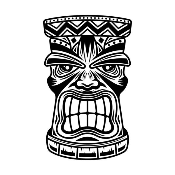 Tiki hawaiian tribal wooden head vector illustration in monochrome vintage style isolated on white background — Vetor de Stock