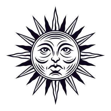 Sun face tattoo vector mystical illustration in vintage monochrome style isolated on white background