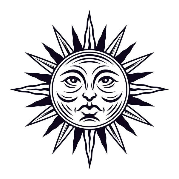 Sun face tattoo vector mystical illustration in vintage monochrome style isolated on white background — Image vectorielle