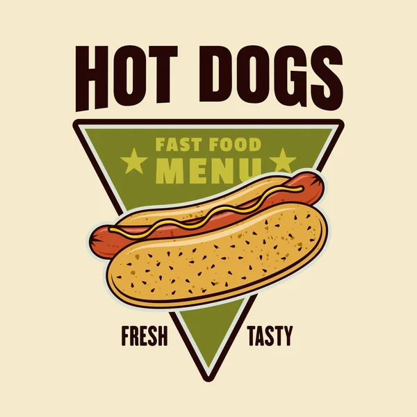 Hot dog vector colorful emblem, badge, label, sticker or logo in cartoon style on light background — Διανυσματικό Αρχείο